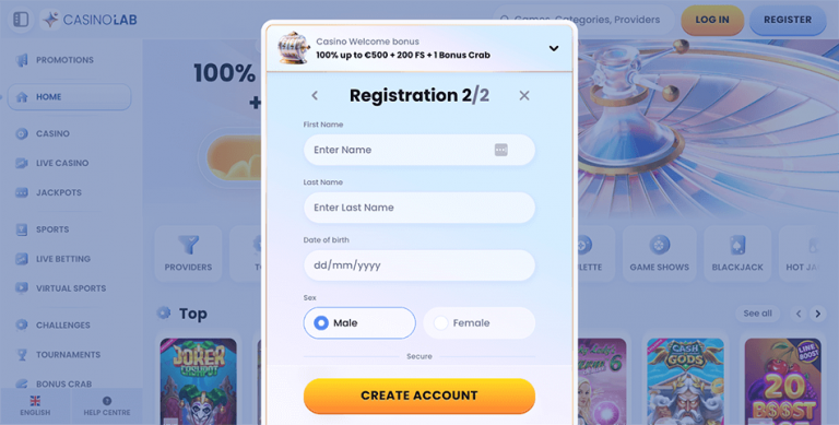 CasinoLab registratieformulier — stap 1 van KYC